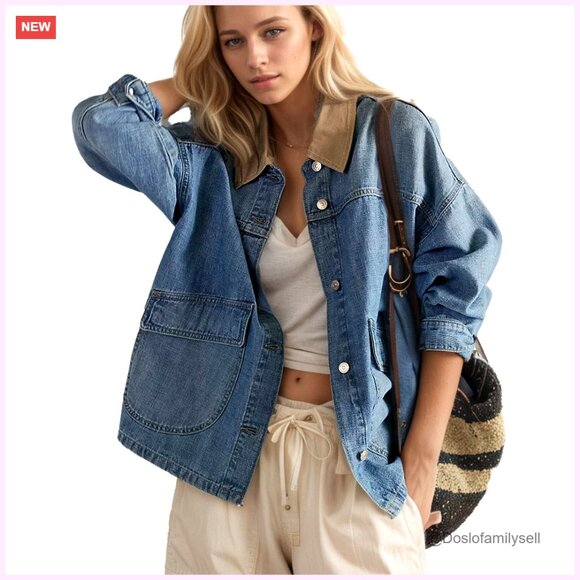 Oversized Denim Barn Jacket with Contrast Trim Long Sleeve Button Down Coat
